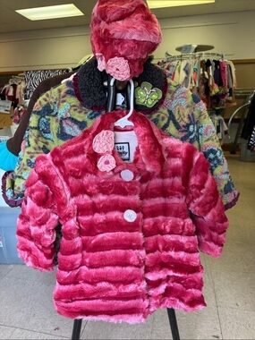 EUC Corky and company Fuchsia Pink Faux Fur Kids Coat with Matching Hat